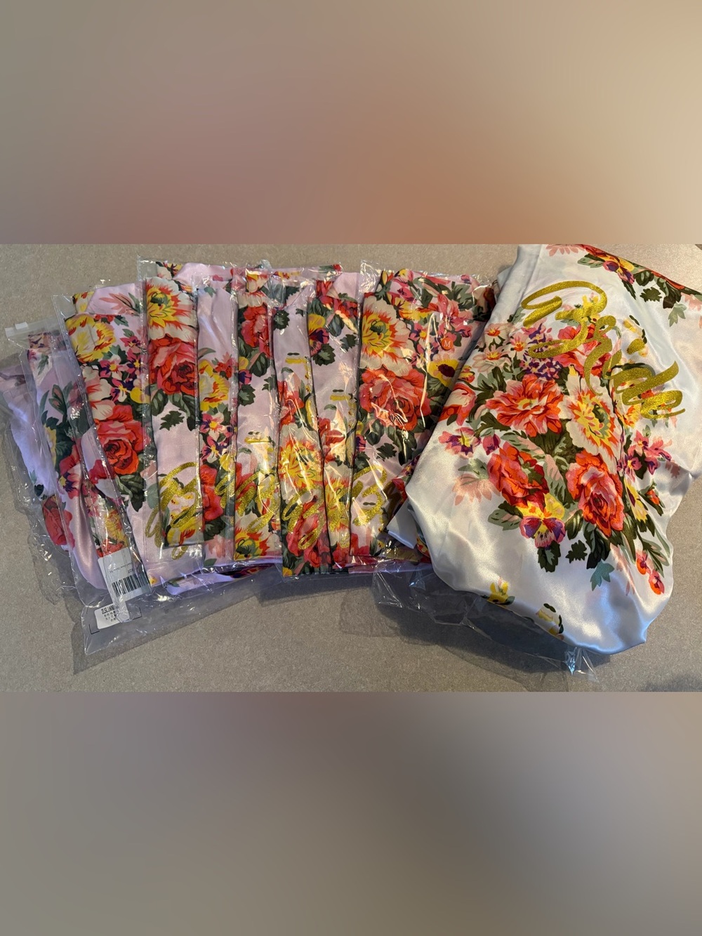 Floral Satin Bride and Bridesmaid Robes- White & Pink Rose Print - Picture 4 of 4